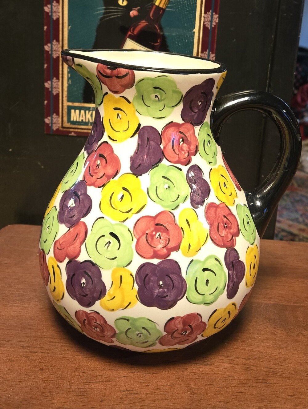 Pier 1 Multicolor Floral Ceramic Pitcher - Yellow, Green, Purple, Red, Black